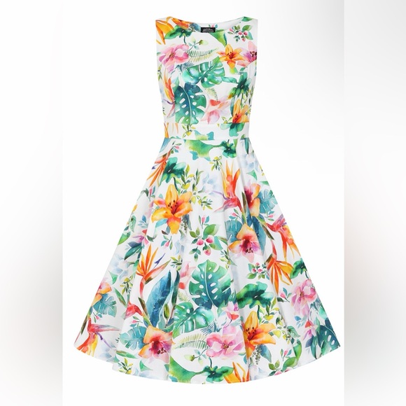 Unique Vintage 50s Tropical White & Orange Floral Cotton Swing Dress, Large, NWT - Picture 10 of 16